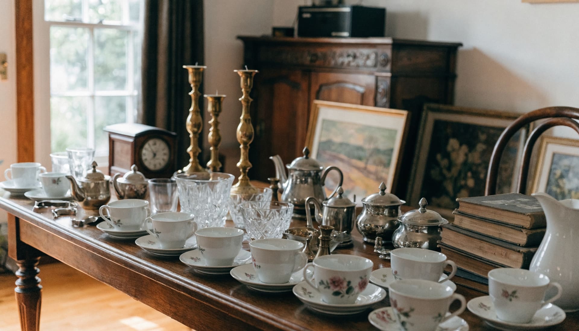 Representative image: china teacups, crystal, silver-plate teapots and framed paintings set out on a dining table for cataloguing