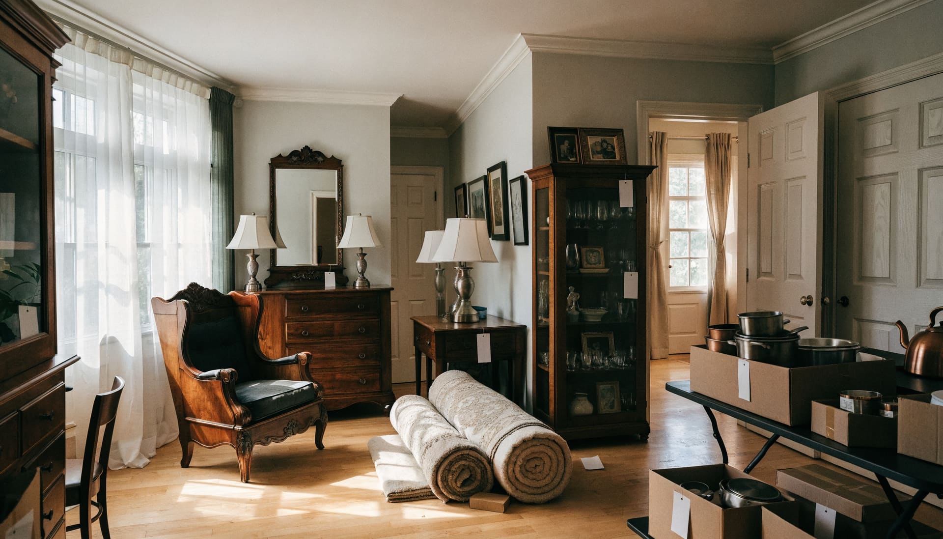 Representative image: the rooms of a family home with furniture, lamps and kitchenware set out for an estate auction