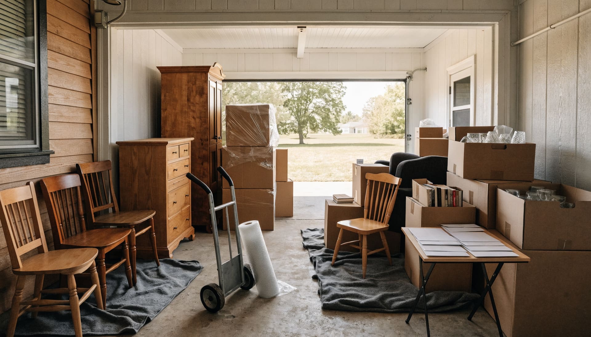 Representative image: furniture and boxed lots grouped on moving blankets in a garage, ready for pickup